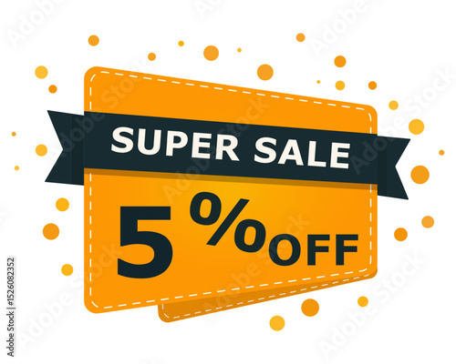 Super sale sparkle banner with 5 percent off text. Bright orange label design with percentage discount. Vector illustration for shopping, promotion and marketing