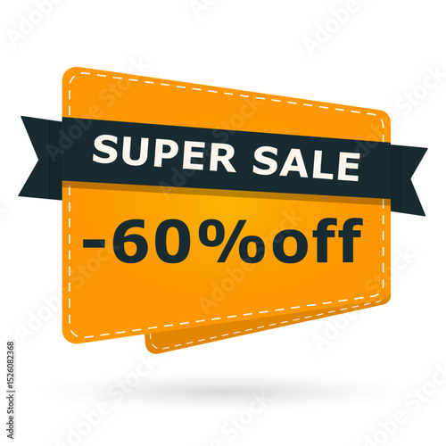 Super sale banner with 60 percent off text. Bright orange card label design with percentage discount. Vector illustration for shopping, promotion and marketing