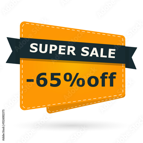 Super sale banner with 65 percent off text. Bright orange card label design with percentage discount. Vector illustration for shopping, promotion and marketing