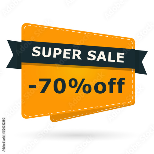 Super sale banner with 70 percent off text. Bright orange card label design with percentage discount. Vector illustration for shopping, promotion and marketing