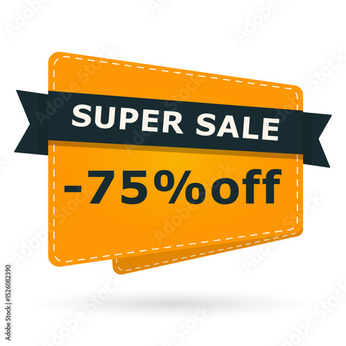 Super sale banner with 75 percent off text. Bright orange card label design with percentage discount. Vector illustration for shopping, promotion and marketing
