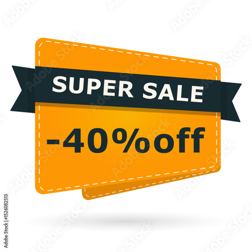 Super sale banner with 40 percent off text. Bright orange card label design with percentage discount. Vector illustration for shopping, promotion and marketing