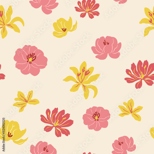 Seamless pattern with lilies and peonies. Blooming flowers. Colourful vintage vector illustration. For textile, paper, design.
