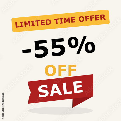 55 percent off sale banner. Limited time offer message with bold discount in red and black. Vector illustration for promotion, e-commerce and marketing.
