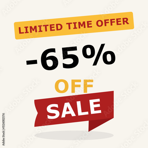 65 percent off sale banner. Limited time offer message with bold discount in red and black. Vector illustration for promotion, e-commerce and marketing.