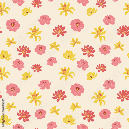 Seamless pattern with lilies and peonies. Blooming flowers. Colourful vintage vector illustration. For textile, paper, design.