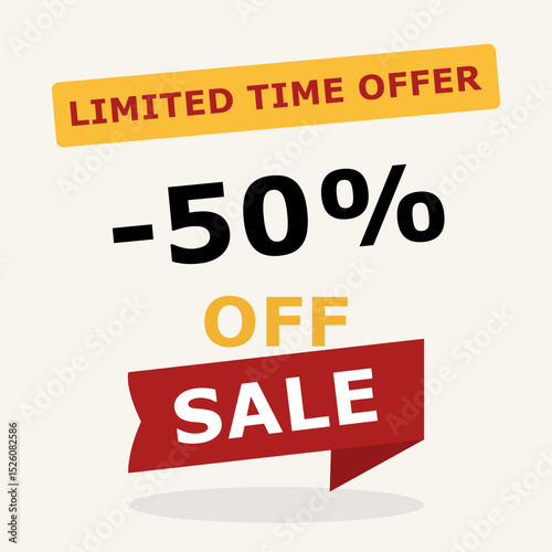 50 percent off sale banner. Limited time offer message with bold discount in red and black. Vector illustration for promotion, e-commerce and marketing.