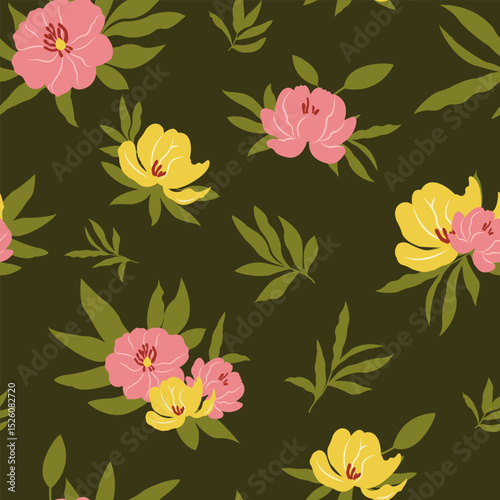 Seamless pattern with peonies. Blooming large flowers and leaves. Colourful vintage vector illustration. For textile, paper, design.