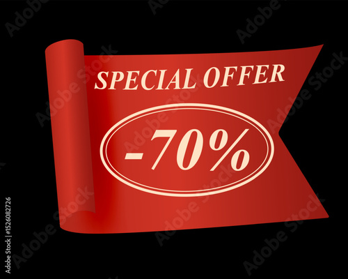 70 percent discount banner on red ribbon. Special offer sign with elegant typography on black background. Vector illustration for marketing, promotion, and retail sale.