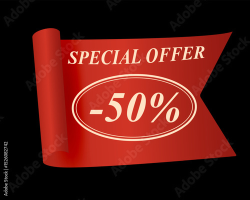 50 percent discount banner on red ribbon. Special offer sign with elegant typography on black background. Vector illustration for marketing, promotion, and retail sale.