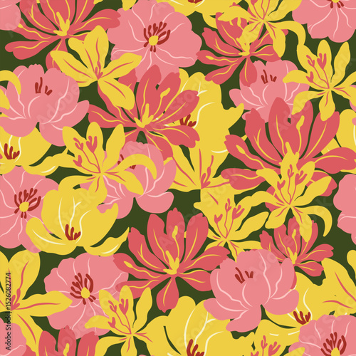 Peonies and lilies seamless pattern. Blooming flowers and leaves. Colourful vintage vector illustration. For textile, paper, design.