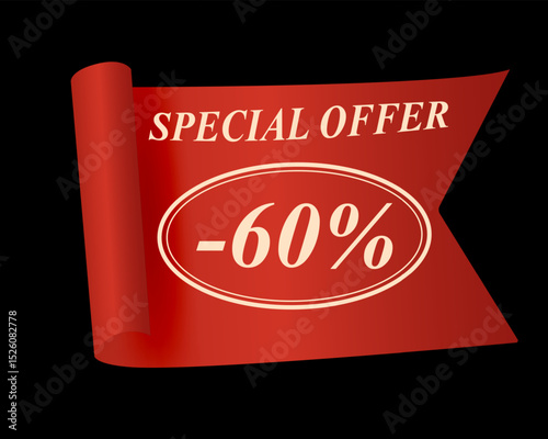 60 percent discount banner on red ribbon. Special offer sign with elegant typography on black background. Vector illustration for marketing, promotion, and retail sale.