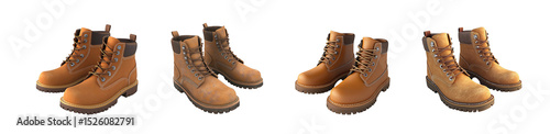 set of pairs of tan leather work boots displayed isolated on transparent background