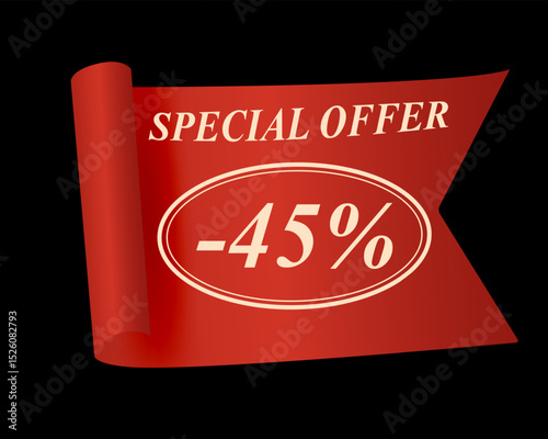 45 percent discount banner on red ribbon. Special offer sign with elegant typography on black background. Vector illustration for marketing, promotion, and retail sale.