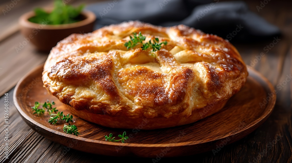 Golden Baked Pastry with Fresh Herbs on a Wooden Plate Golden Baked Pastry with Fresh Herbs on a Wooden Plate