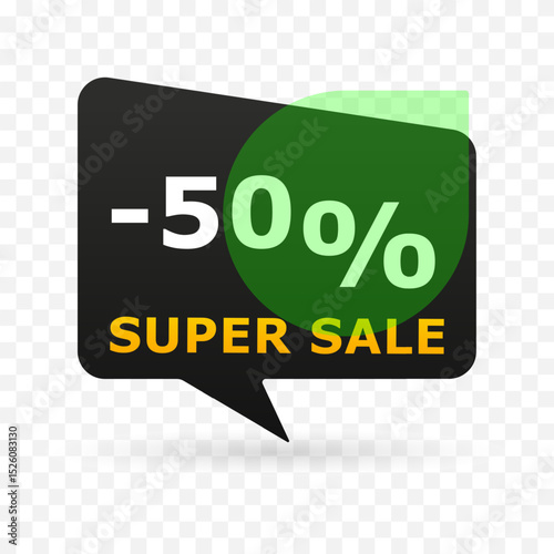 50 percent off super sale banner in speech bubble shape. Modern discount label with green circle and transparent background. Vector illustration for e-commerce, ads and seasonal promotion.