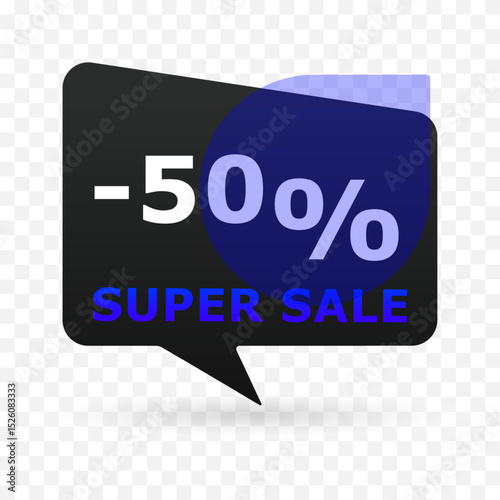 50 percent off super sale banner in speech bubble shape. Modern discount label with blue circle and transparent background. Vector illustration for e-commerce, ads and seasonal promotion.