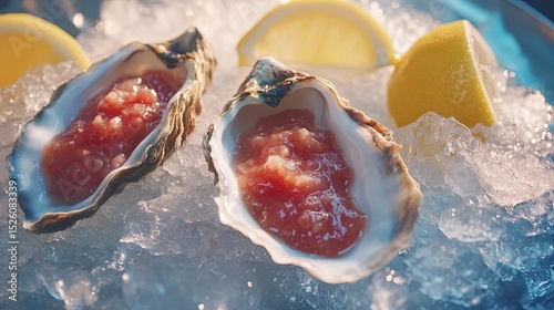 Raw oysters opened and placed on ice with lemon and cocktail sauce.