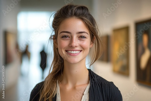 young woman with natural makeup and loose hair smiling warmly in a softly lit indoor gallery setting with blurred paintings in the background Free Download young woman with natural makeup and loose hair smiling warmly in a softly lit indoor gallery setting with blurred paintings in the background - GFXLoad
