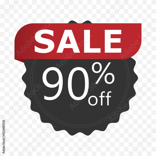 90 percent off sale badge. Black sticker with red ribbon and bold discount text on transparent background. Vector illustration for promotion, e-commerce, and advertising.