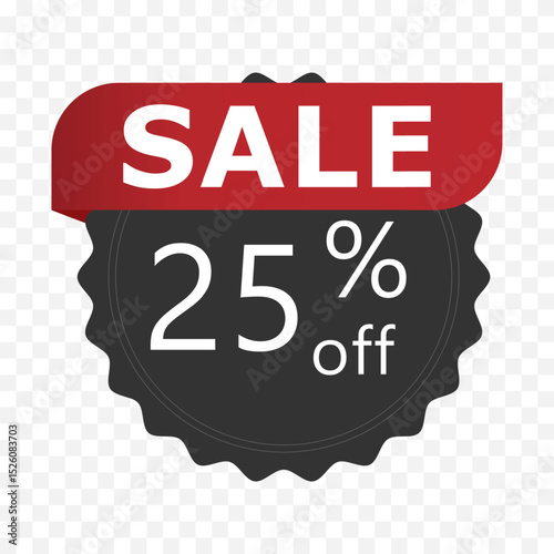 25 percent off sale badge. Black sticker with red ribbon and bold discount text on transparent background. Vector illustration for promotion, e-commerce, and advertising.