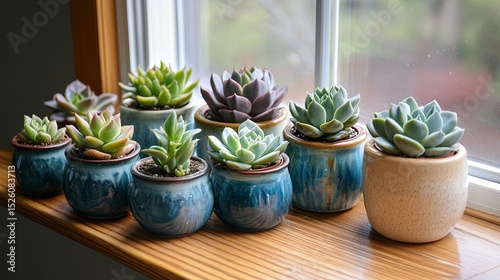 Succulents in ceramic pots arranged on warm windowsill. photo