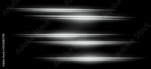 White horizontal streaks. Multiple soft glowing lines with blur effect on black background, arranged vertically with smooth motion. Ideal for sci-fi, speed, abstract energy.