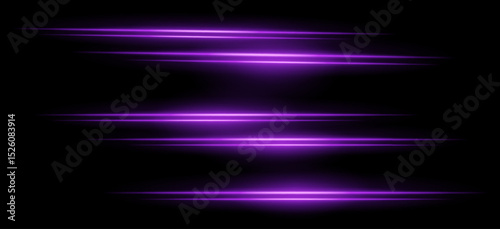 Purple horizontal streaks. Multiple soft glowing lines with blur effect on black background, arranged vertically with smooth motion. Ideal for sci-fi, speed, abstract energy.