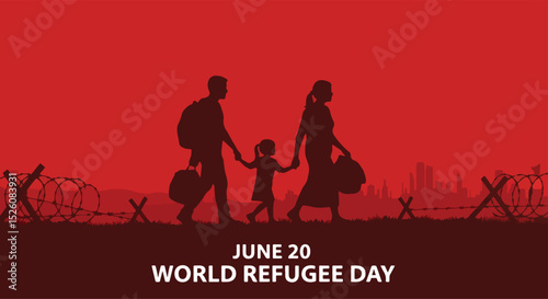 Adobe Illustrator flat vector for World Refugee Day (June 20): a family silhouetted, carries their belongings, symbolizing displacement and migration. Barbed wire fences emphasize their plight
