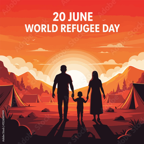Adobe Illustrator flat vector for World Refugee Day (June 20): a family silhouetted, carries their belongings, symbolizing displacement and migration. Barbed wire fences emphasize their plight