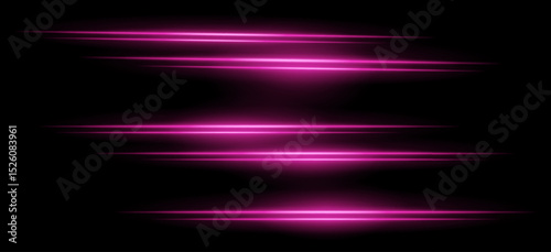 Purple horizontal streaks. Multiple soft glowing lines with blur effect on black background, arranged vertically with smooth motion. Ideal for sci-fi, speed, abstract energy.