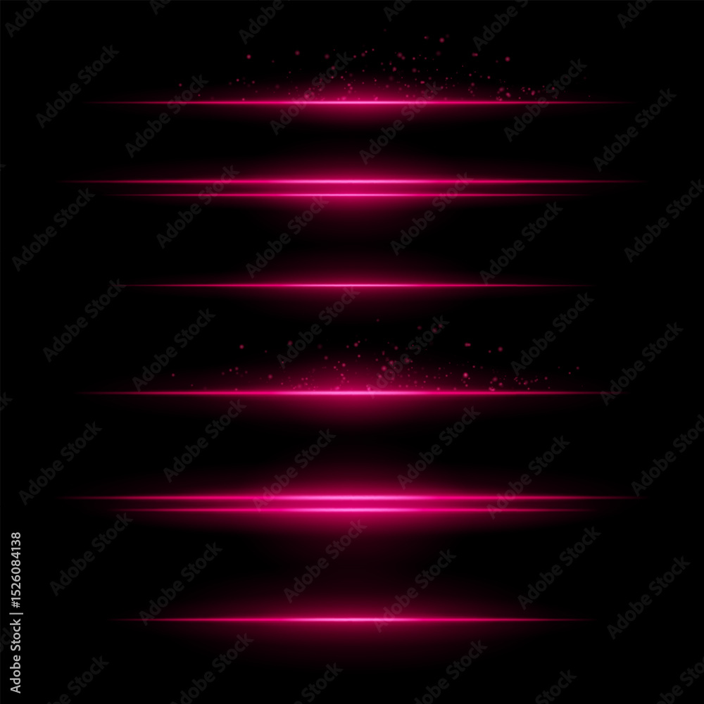 Fototapeta premium Pink energy lines. Glowing horizontal streaks with particle sparks above and below lines. Dark background adds contrast. Suitable for sci-fi, fire, energy, tech visuals.