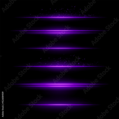 Purple energy lines. Glowing horizontal streaks with particle sparks above and below lines. Dark background adds contrast. Suitable for sci-fi, fire, energy, tech visuals.
