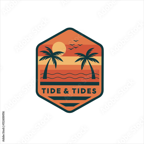 A badge with palm trees waves sun and birds with tide and tides text