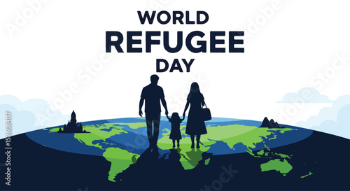 Adobe Illustrator flat vector for World Refugee Day (June 20): a family silhouetted, carries their belongings, symbolizing displacement and migration. Barbed wire fences emphasize their plight