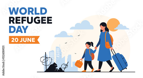 Adobe Illustrator Artwork flat vector illustration for World Refugee Day (June 20): a mother and child journey across a barbed wire, symbolizing their arduous journey for safety and a new beginning