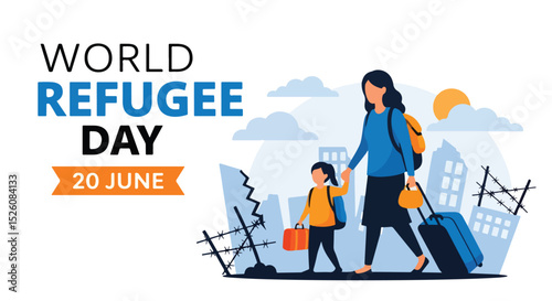 Adobe Illustrator Artwork flat vector illustration for World Refugee Day (June 20): a mother and child journey across a barbed wire, symbolizing their arduous journey for safety and a new beginning