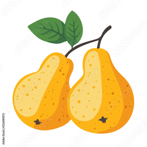 Golden Pears With Leaves vector 2D flat illustration, isolated on a white background.
