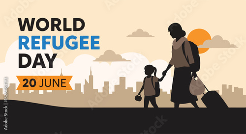 Adobe Illustrator Artwork flat vector illustration for World Refugee Day (June 20): a mother and child journey across a barbed wire, symbolizing their arduous journey for safety and a new beginning