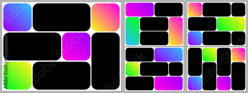 Brutalist background bento box grid. Photo post template layout. Presentation slide moodboard design. Brochure collage rectangular style gallery. Round shape modular mosaic hierarchy. Comic poster y2k