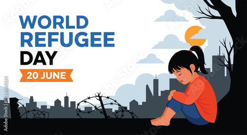 Adobe Illustrator Artwork flat vector illustration for World Refugee Day (June 20): A lone, tearful child sits amidst a desolate landscape with barbed wire and ruined buildings, symbolizing the plight