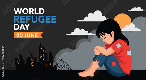 Adobe Illustrator Artwork flat vector illustration for World Refugee Day (June 20): A lone, tearful child sits amidst a desolate landscape with barbed wire and ruined buildings, symbolizing the plight