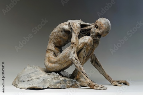 Dramatic sculpture of a human figure in a powerful pose.