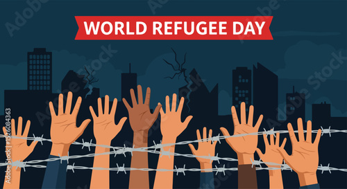 Adobe Illustrator Artwork flat vector illustration for World Refugee Day: diverse hands reach through barbed wire against a crumbling cityscapes, symbolizing displacement and hope for freedom