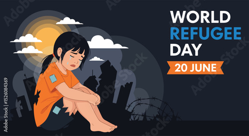Adobe Illustrator Artwork flat vector illustration for World Refugee Day (June 20): A lone, tearful child sits amidst a desolate landscape with barbed wire and ruined buildings, symbolizing the plight
