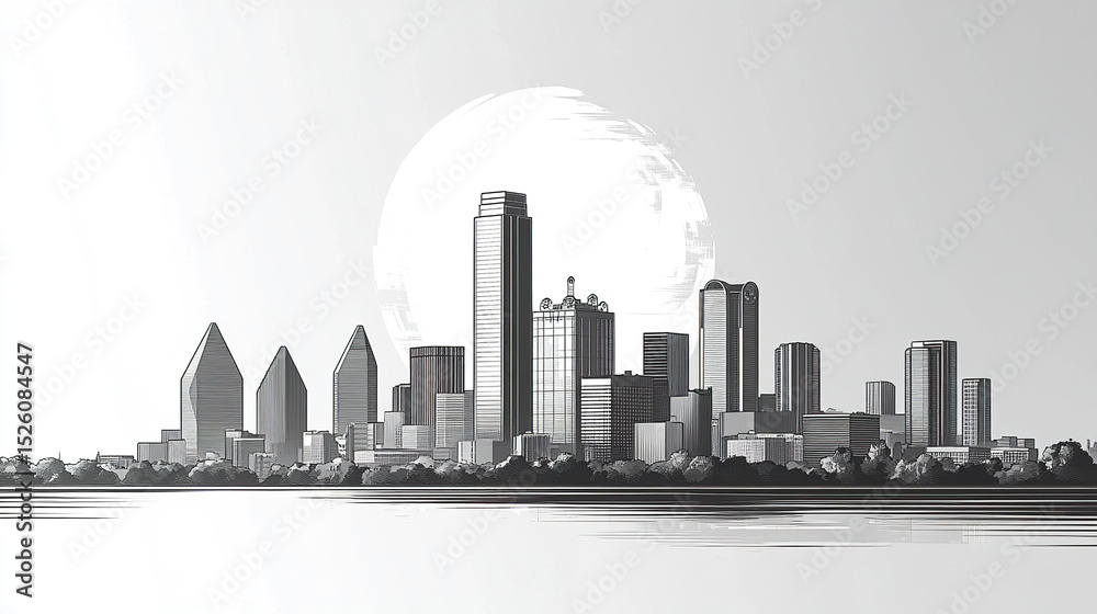 Fototapeta premium Monochrome Dallas skyline illustration with serene atmosphere and artistic flair