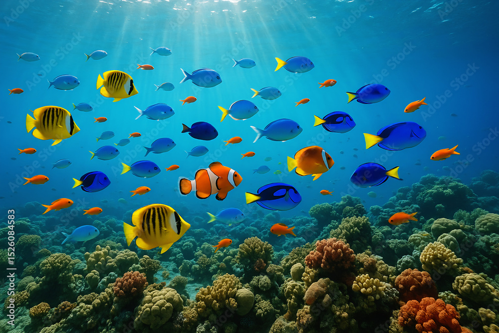 Fototapeta premium Underwater Wonderland: A vibrant underwater scene bursts with colorful fish gracefully navigating a stunning coral reef bathed in sunlight