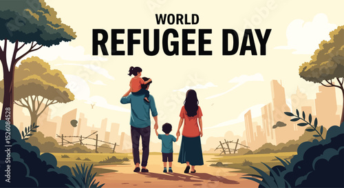 Adobe Illustrator flat vector for World Refugee Day (June 20): a family silhouetted, carries their belongings, symbolizing displacement and migration. Barbed wire fences emphasize their plight