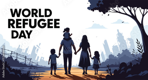 Adobe Illustrator flat vector for World Refugee Day (June 20): a family silhouetted, carries their belongings, symbolizing displacement and migration. Barbed wire fences emphasize their plight