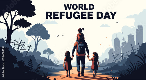 Adobe Illustrator flat vector for World Refugee Day (June 20): a family silhouetted, carries their belongings, symbolizing displacement and migration. Barbed wire fences emphasize their plight